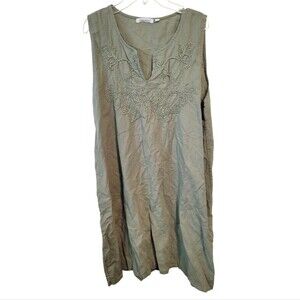 Cristina Vergani Embroidered Sleeveless Linen Green Dress Size XL Lagenlook